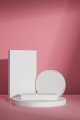Pink background with circle , square white podium and blank space for advertising , abstract content , front view