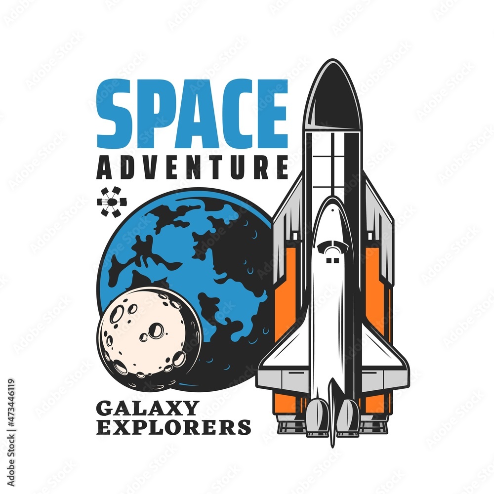 Poster Space shuttle and spaceship vector icon of space adventure and galaxy exploration. Isolated Earth and Moon universe planets with carrier rocket and satellite, astronomy science emblem or symbol design