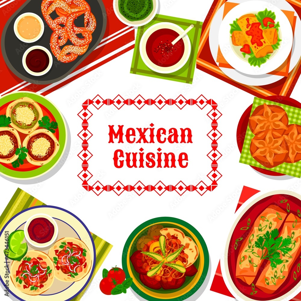 Sticker Mexican cuisine food, Mexico dishes and meals menu, vector burritos and tacos. Mexican food traditional dinner and spicy salsa sauces for chicken enchilada, meat stew molcajetes and chimichanga