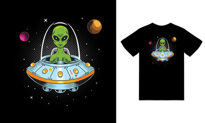 Alien ufo illustration with tshirt design premium vector © bayu