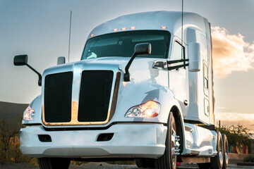 front of cargo trailer at sunset on a highway in Mexico. Transportation concept © Paolaulloa0022