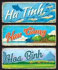Ha Tinh, Hau Giang and Hoa Binh vietnamese regions, vector vintage cards and travel stickers. Vietnam provinces tin signs with landmarks, region maps and emblems, travel luggage tags or metal plates
