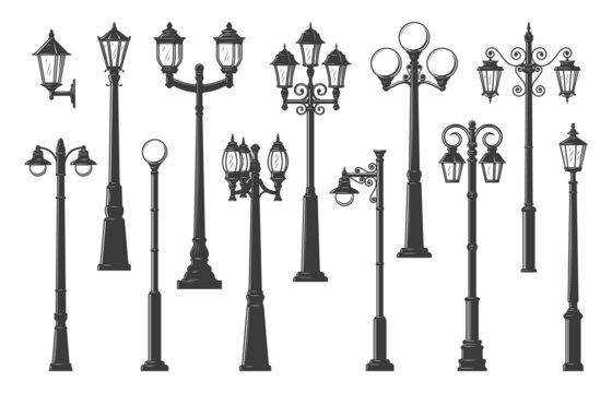 Isolated streetlight, streetlamps and lampposts, vector vintage light lanterns and lamp posts. Retro street light pillars and lantern poles, city illumination lampposts with gas or old light bulbs