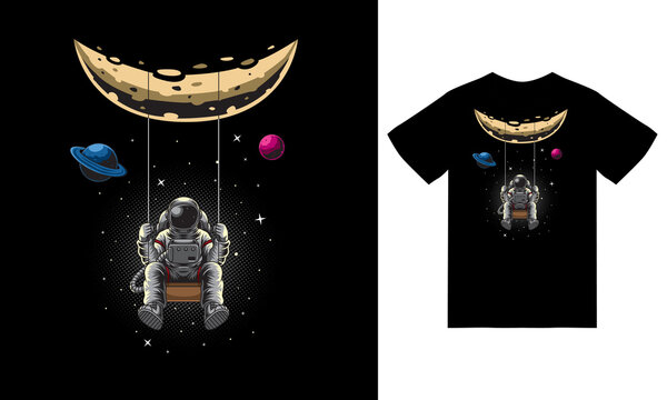 Astronaut swinging on the moon illustration with tshirt design premium vector