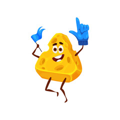 Cartoon cheese fan of sport team club mascot, vector personage. Funny cheese lump with thumb up gloves for cheerleaders sport, fan club and basketball, baseball and soccer team
