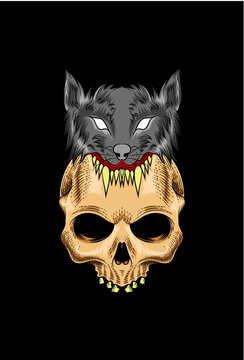 Skull with wolf vector illustration