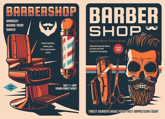 Barbershop poster. Skull with mustaches and beards. Barber shop and men haircut salon vintage vector poster with barber pole sign, shaving razor blade and hair trimmer for hipster grooming