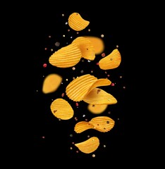 Falling crispy ripple potato chips, spices and herbs on black background. Realistic vector wavy slices of fried crisps, crunchy snack or junk food yellow chips flying with salt and pepper