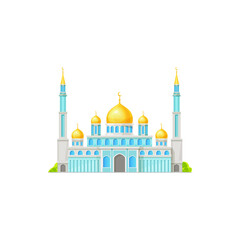 Mosque building icon, Muslim and Islam religion architecture, vector. Arabian or Egyptian Islamic mosque, Allah and Koran holy place, Muslim religious culture and worship shrine