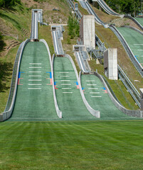 Planica Ski jumping hills in the summer. The Planica Nordic Centre. Julian Alps. Slovenia. Europe.