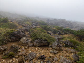 Rocky rugged mountain trail in a fog (Zao, Yamagata, Japan)