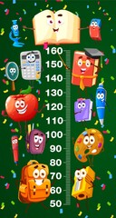 Fototapeta premium Kids height chart with school books and stationery characters. Growth meter ruler on vector background of blackboard with pencil, pen and backpack, calculator, microscope, paint, stadiometer sticker
