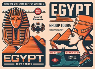 Ancient Egypt travel retro posters, pharaoh and pyramids landmarks, vector. Ancient Egypt Cairo sightseeing tours, Egyptian Sphinx wonder and history of Nefertiti and Tutankhamen pharaoh pyramid