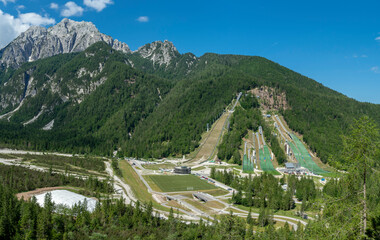 Planica Ski jumping hills in the summer. The Planica Nordic Centre. Julian Alps. Slovenia. Europe.