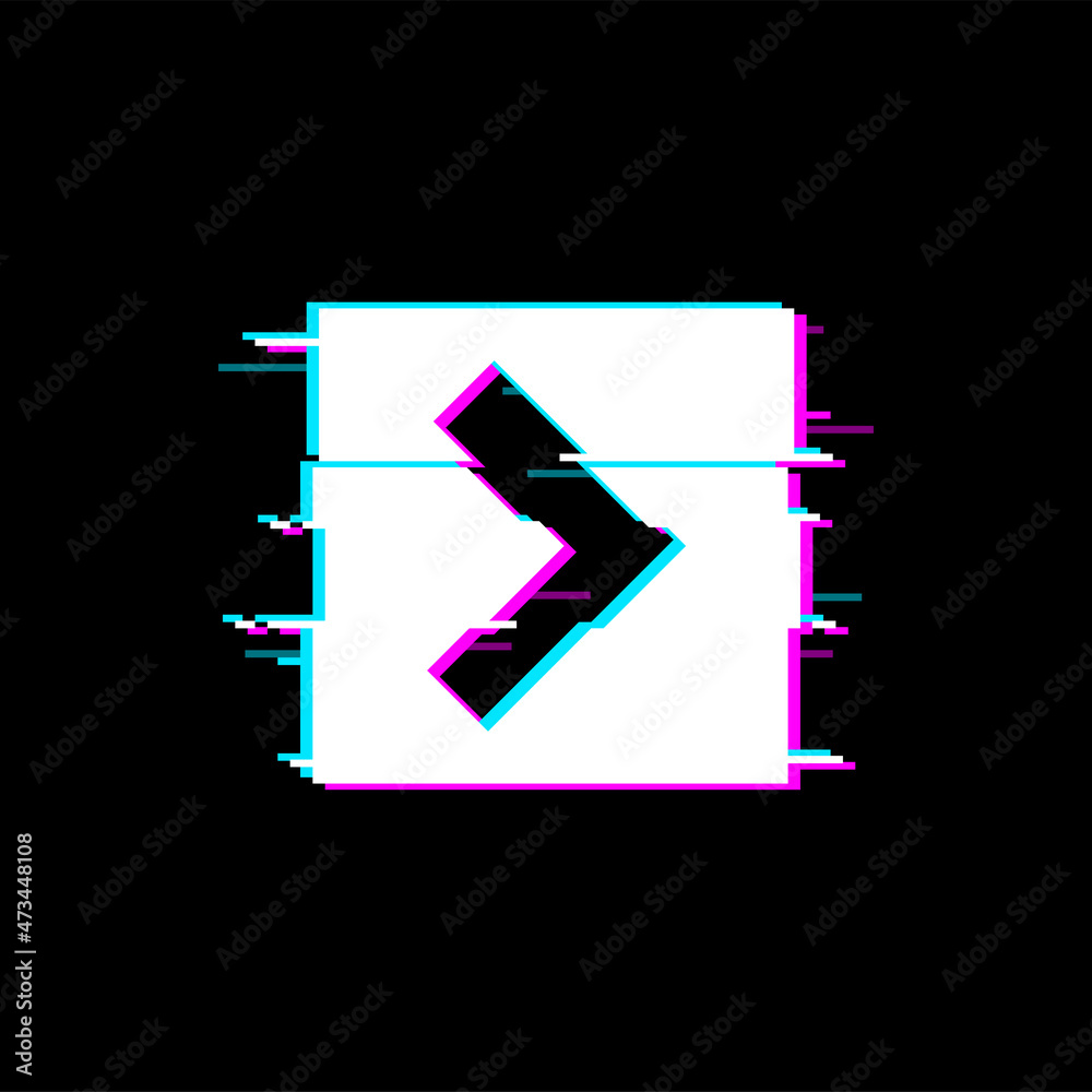 Poster Play button isolated glitched arrow on square, ui game panel interface design element. Vector tv or audio player start or stop sign, playback or stop signal on glitch display with digital noise