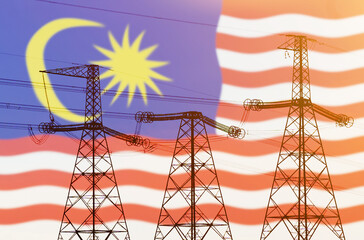 Double exposure - power line, tower and flag Malaysia