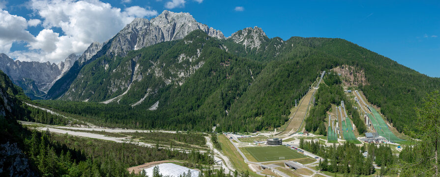 Planica Ski jumping hills in the summer. The Planica Nordic Centre. Julian Alps. Slovenia. Europe.
