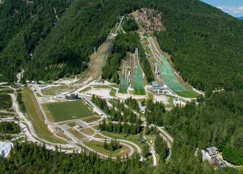 Planica Ski jumping hills in the summer. The Planica Nordic Centre. Julian Alps. Slovenia. Europe.