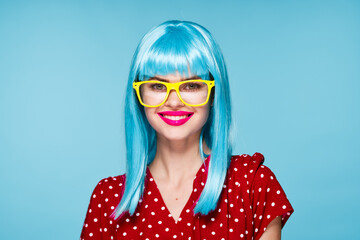 cheerful woman purple hair yellow glasses fashion glamor