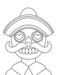 Simple skeleton with mustaches, hat, and shirt coloring page for kids and adults vector illustration. Dia de Muertos skeleton for coloring and ornaments vector