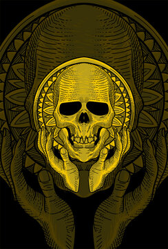 Skull with hand and ornament artwork illustration