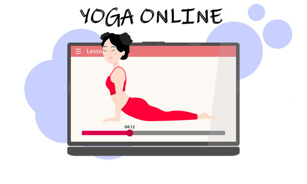 Yoga classes online. A pretty Asian girl on a laptop screen shows an asana. Yoga training via the Internet. Vector illustration.