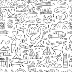 Travel to Peninsula Kamchatka. Eurasia, Russian Far East. Wild Nature and Animals. Colouring Seamless Pattern