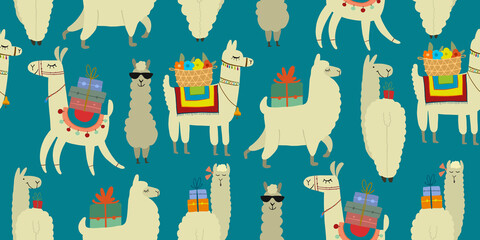 Cute alpaca character. Funny llamas family with luggage. Seamless pattern for your design