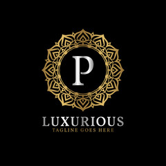 letter P luxurious decorative flower mandala art initials vector logo design for wedding, spa, hotel, beauty care