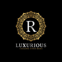 letter R luxurious decorative flower mandala art initials vector logo design for wedding, spa, hotel, beauty care