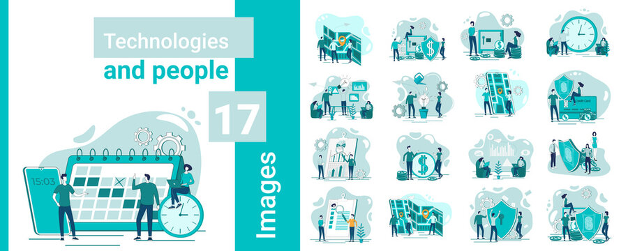 Technologies and people.A set of illustrations in business style.A collection of images on the topic of business relations and technology.Flat vector illustration.