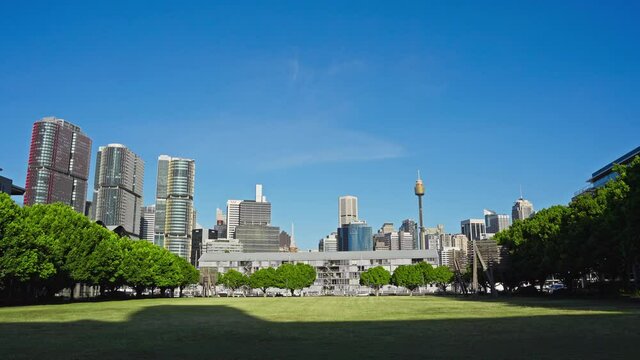 Sydney CBD Skyline daytime. View from the Pyrmont Bay Park looking over the financial district. 4k 120 fps slow motion