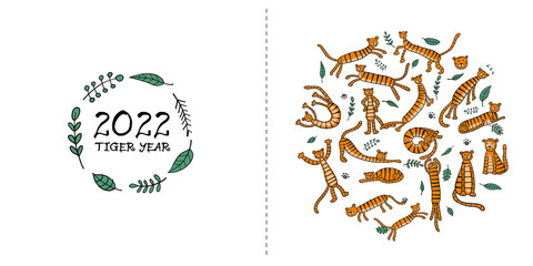 Funny Tigers Family, animal characters. Symbol of 2022 New Year. Design Template for Christmas card, banner, poster, holiday decoration