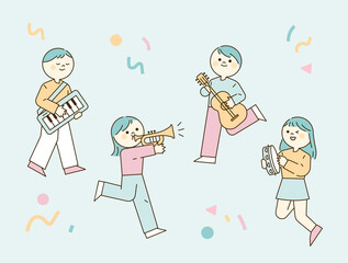 Cute people are playing musical instruments. Keyboard, guitar, trumpet, tambourine. flat design style vector illustration.