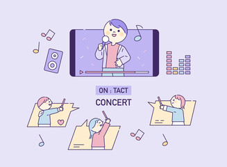 People are enjoying the concert on mobile. flat design style vector illustration.