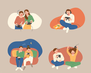 People are playing console games. flat design style vector illustration.