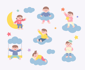 Cute children are playing on the clouds. flat design style vector illustration.