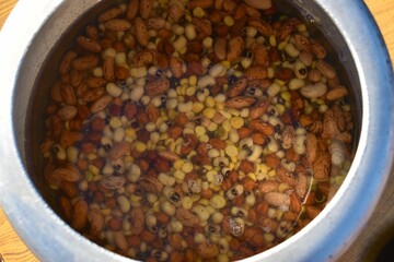 soaked mixed beans closeup background