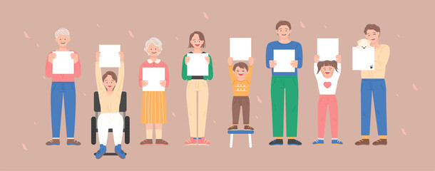 People of different ages are standing with square boards. flat design style vector illustration.
