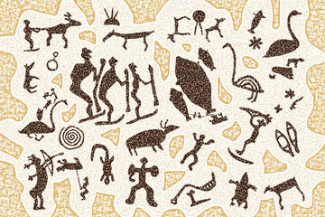 Panel on the ethnic theme. A series of petroglyphs, rock paintings. Vector design.