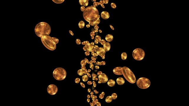 Golden antique coins floating in air on black background. Gold coin in treasure. Business growth concept. Loop animation.