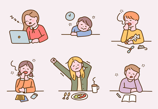 People with sleepy expressions in various situations. flat design style vector illustration.