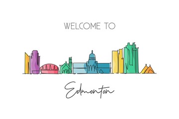 One single line drawing of Edmonton city skyline, Canada. World historical town landscape. Best place holiday destination home wall decor poster. Trendy continuous line draw design vector illustration - obrazy, fototapety, plakaty