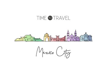 One single line drawing of Mexico city skyline, Mexico. World historical town landscape. Best place holiday destination home decor poster print. Trendy continuous line draw design vector illustration