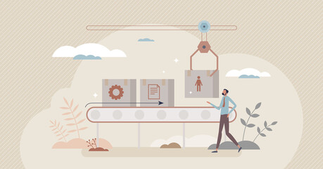 Automation and modern machine work replacing human job tiny person concept. Technology and robots in 4.0 factory for cost effective and productive manufacturing vector illustration. Production control