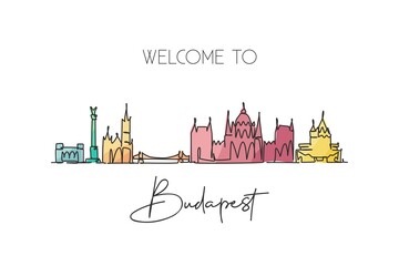 Obraz premium One continuous line drawing of Budapest city skyline, Hungary. Beautiful landmark postcard. World landscape tourism travel vacation. Editable stylish stroke single line draw design vector illustration