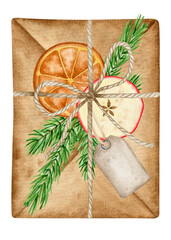 Gift letter decorated dried orange, apple slice, pine tree branch. Watercolor Christmas illustration. Isolated clipart element on white background.