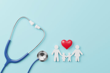 Top view of medical stethoscope and icon family with heart symbol on cyan background. Health care insurance concept. 3d rendering