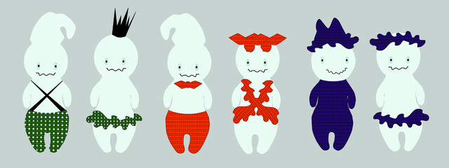 Cute ghosts plaid clothes cap crown wreath hat and diadem on gray background. Isolated vector Halloween theme illustration for clothing print e-mail poster banner and decoration.