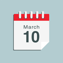 Icon day date 10 March, template calendar page